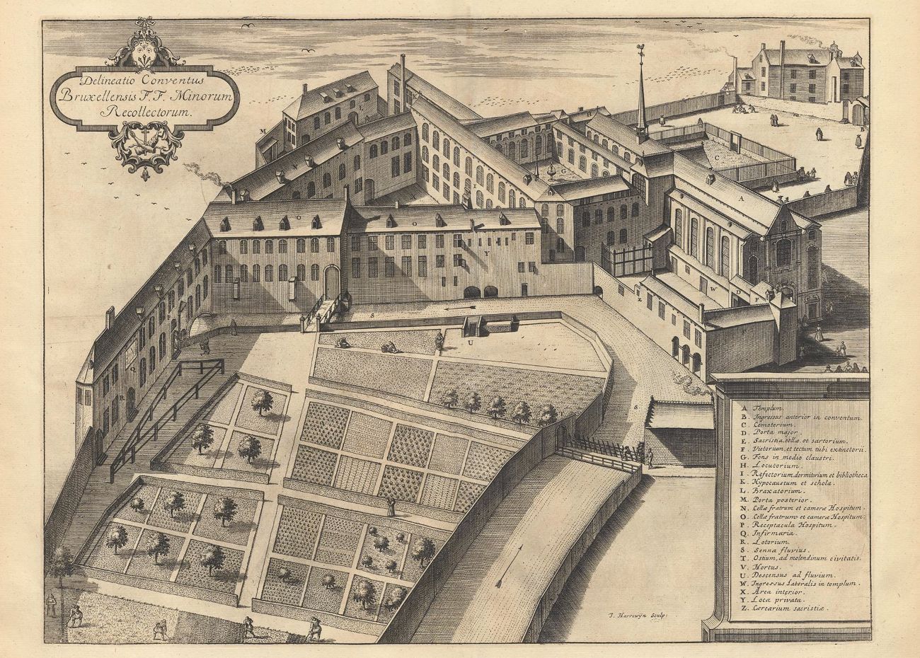 Gravure van het klooster van de Recolletten in Brussel, door Jacques Harrewyn, circa 1720