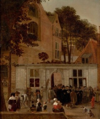Hendrick van der Burgh, Promotieoptocht aan de Leidse universiteit, ca. 1650 Doek, 74,5 x 61 cm. Rijksmuseum, Amsterdam, in langdurig bruikleen aan Museum De Lakenhal