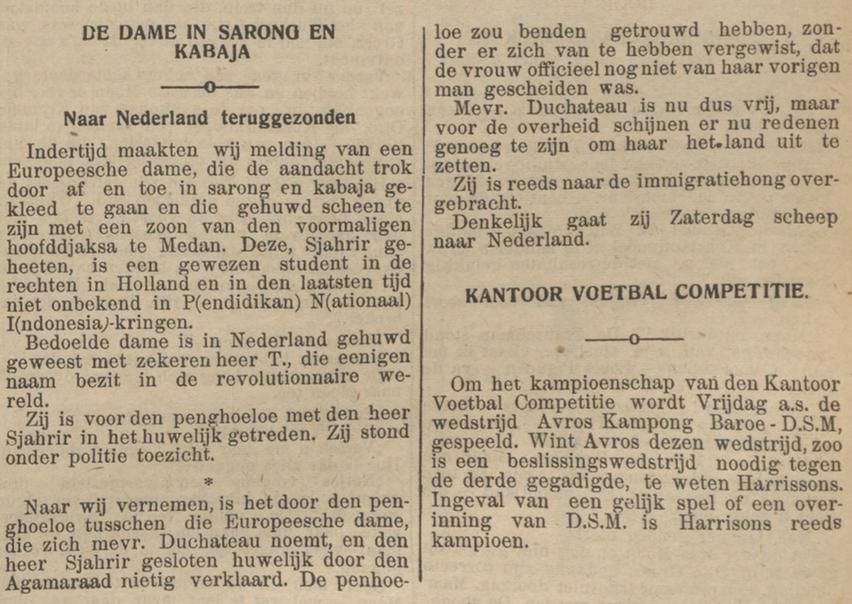 Artikel in de Sumatra Post, 1932. Bron: Delpher