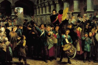Charles Rogier trekt met revolutionaire vrijwilligers vanuit Luik naar Brussel tijdens de Belgische Opstand van 1830