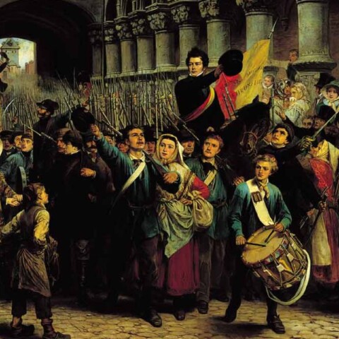 Charles Rogier trekt met revolutionaire vrijwilligers vanuit Luik naar Brussel tijdens de Belgische Opstand van 1830