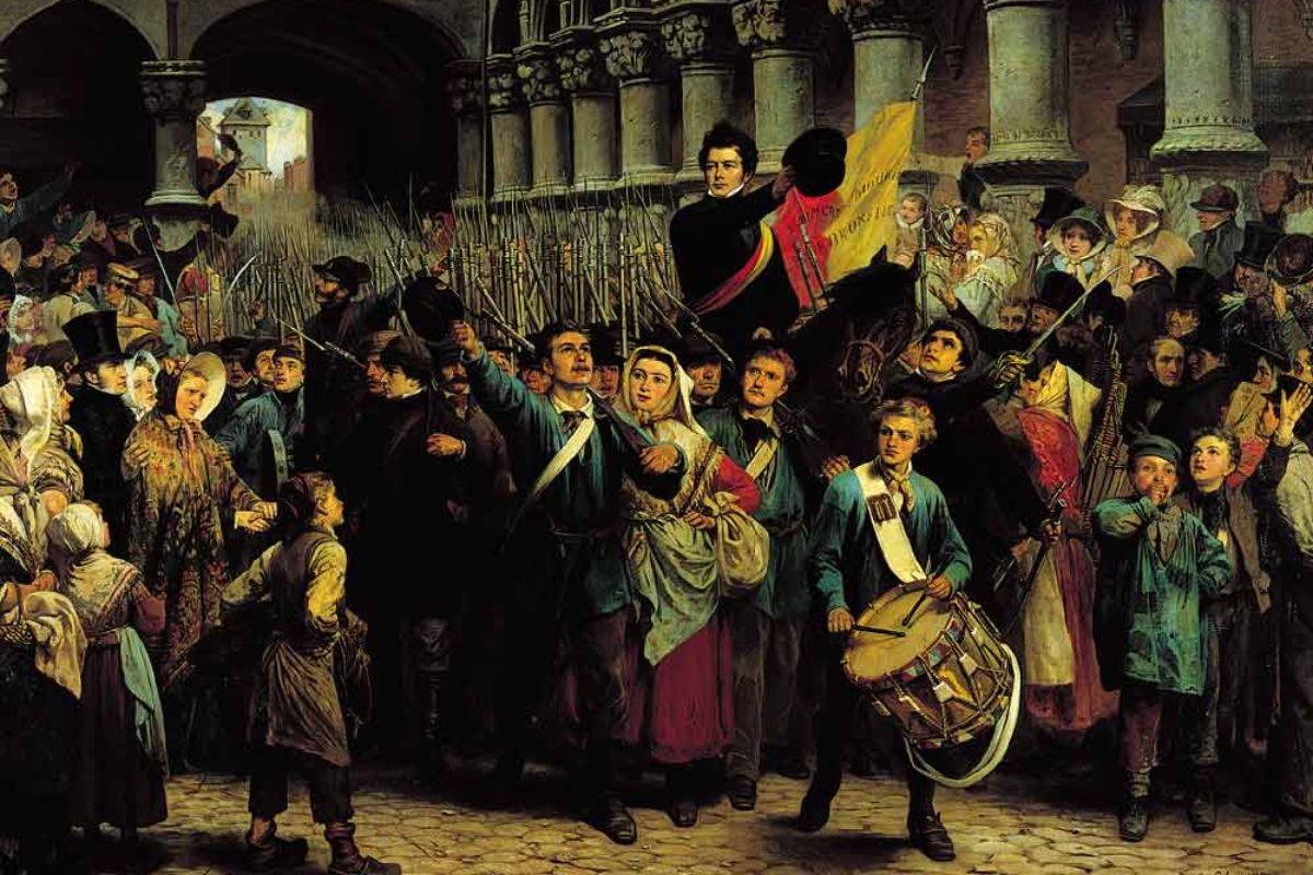 Charles Rogier trekt met revolutionaire vrijwilligers vanuit Luik naar Brussel tijdens de Belgische Opstand van 1830