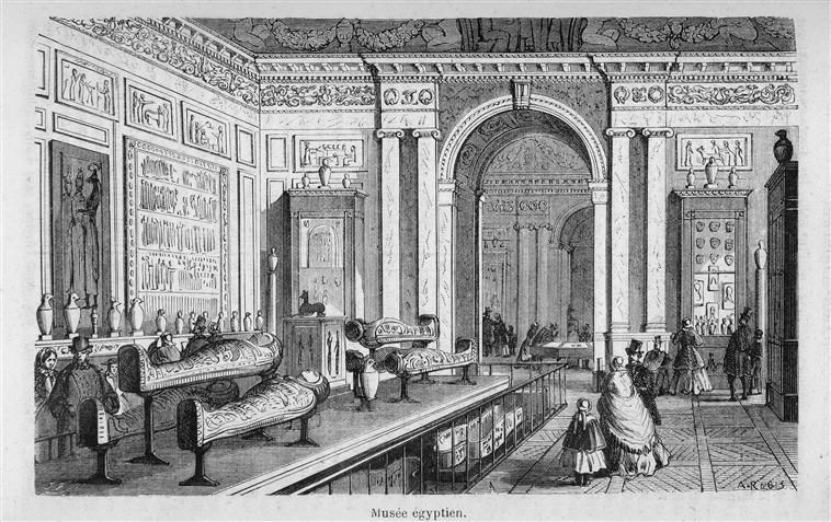 Kamer met Egyptische oudheden in het Louvre, ontworpen door Champollion. Gravure uit 1863