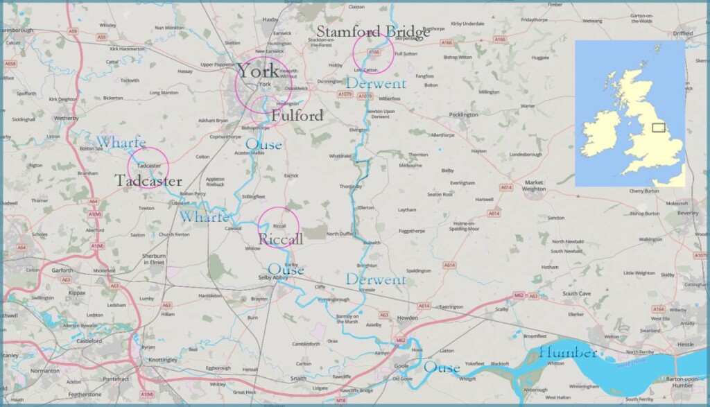 Kaart van het gebied rond York, waar zich in september 1066 de veldslagen bij Fulford en Stamford Bridge afspeelden. 