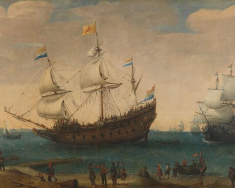 Het schip Mauritius, één van de schepen van de vloot van Cornelis Houtman. Door Hendrick Cornelisz. Vroom, ca. 1600.