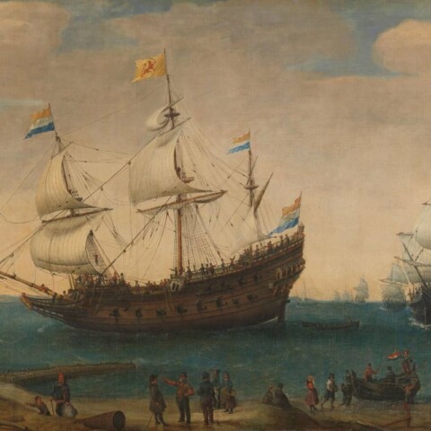 Het schip Mauritius, één van de schepen van de vloot van Cornelis Houtman. Door Hendrick Cornelisz. Vroom, ca. 1600.