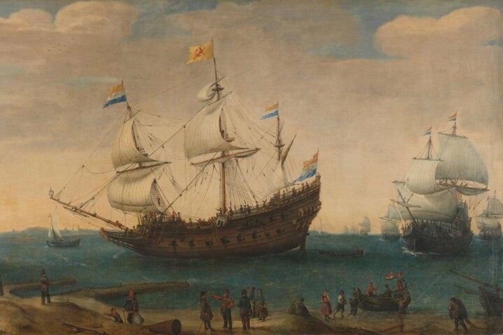 Het schip Mauritius, één van de schepen van de vloot van Cornelis Houtman. Door Hendrick Cornelisz. Vroom, ca. 1600.