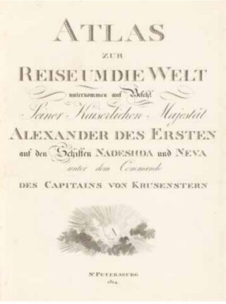 Titelblad van Atlas zur Reise um die Welt door Adam Johann von Krusenstern, 1814. Leiden, UBL, PLANO 20 B 1.