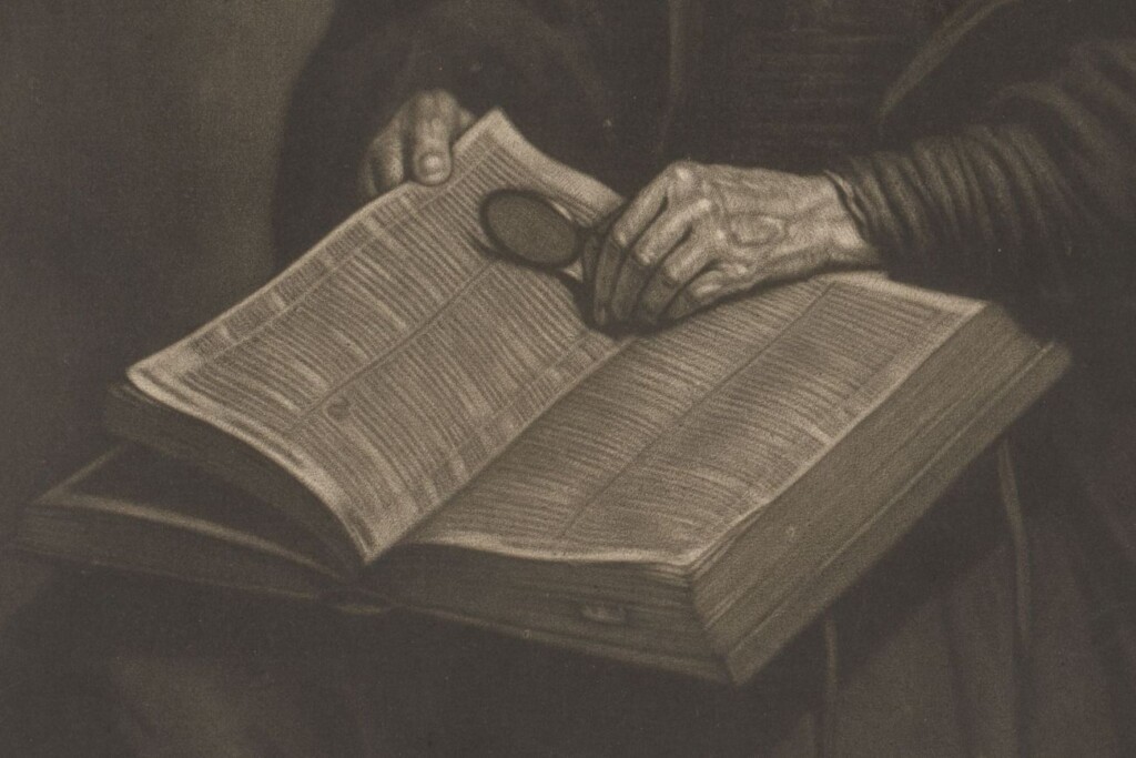 Geopende bijbel - Detail van een prent van Pieter Louw, mogelijk naar Rembrandt van Rijn