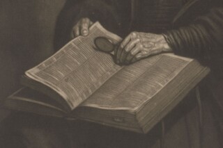 Geopende bijbel - Detail van een prent van Pieter Louw, mogelijk naar Rembrandt van Rijn