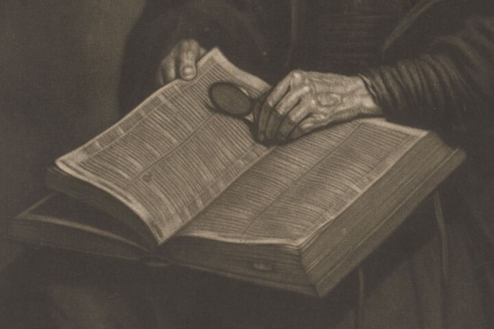 Geopende bijbel - Detail van een prent van Pieter Louw, mogelijk naar Rembrandt van Rijn