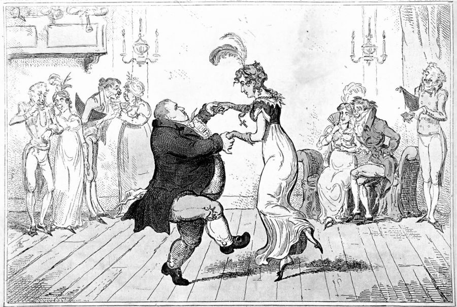 Karikatuur van prinses Dorothea von Lieven die op een bal in Almack’s walst