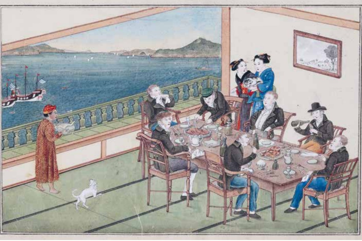 Schildering op papier van een lunch op Deshima in het woonhuis van het opperhoofd, met uitzicht op de Baai van Nagasaki. Achteraan snijdt Siebold, met zijn groene Mailänder Mütze van zijn Moenania-studentenkorps, het vlees aan. Tegenover hem zit Heinrich Bürger en aan het hoofd van de tafel Carl Hubert de Villeneuve. Links naast Siebold zit opperhoofd De Sturler, met naast hem kapitein Mesdagh van de Johanna Elizabeth. In de voorgrond is kapitein Bezemer van de Vasco de Gama in gesprek met Eduard de Sturler, de zoon van het opperhoofd die zijn vader op Deshima kwam opzoeken. Achter Siebold zien we nog Sonogi en Itose, en Orson komt een nieuwe schotel opdienen. Kawahara Keiga, 1825. Nagasaki, Nagasaki Museum of History and Culture.