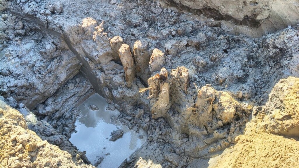 Palen van de vermoedelijke Romeinse weg in Leiden