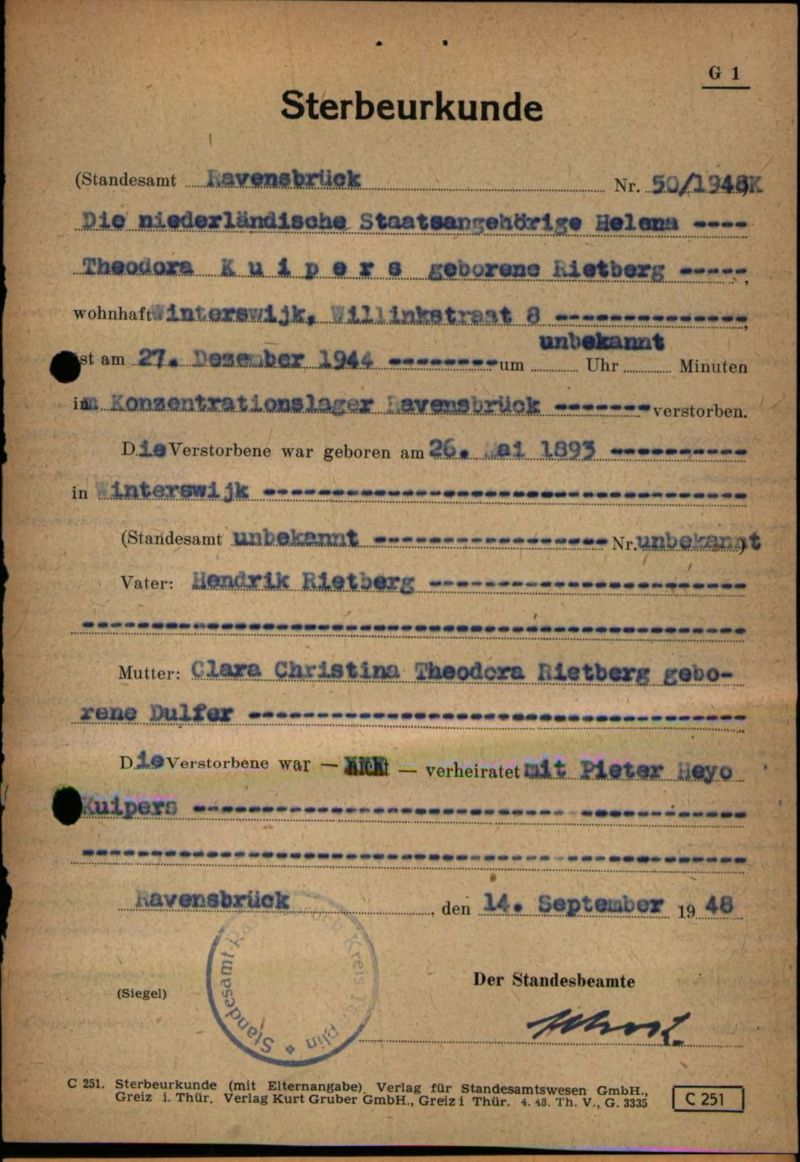 Duitse overlijdensakte van Helena Kuipers-Rietberg (‘Tante Riek’)