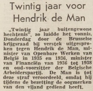 Bericht in 'Het Vrije Volk' over de veroordeling van Hendrik de Man, 13 september 1946