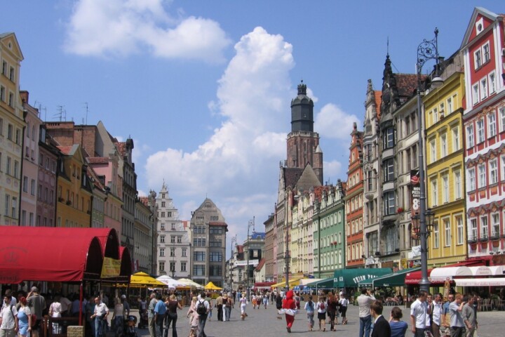 De markt van Breslau, een stad die na afloop van de Tweede Wereldoorlog in Polen kwam te liggen en Wrocław ging heten.