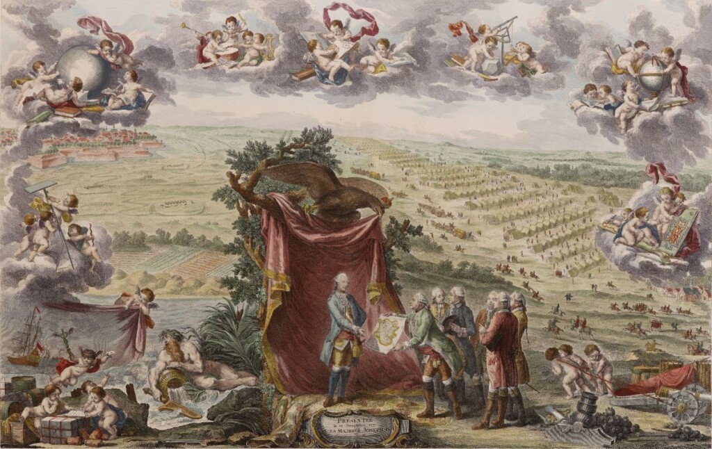 Prent van de plechtige overhandiging van de Kabinetskaart van de Oostenrijkse Nederlanden aan keizer Jozef II op 10 december 1777 - Charles Emmanuel Patas, naar Charles Eisen 