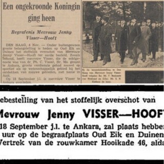 Krantenberichten uitvaart Jenny Visser-Hooft - 4 november 1939