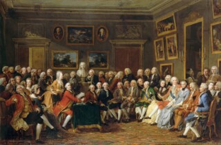 Salon van Marie-Thérèse Geoffrin. In de achttiende eeuw ontmoetten filosofen, economen en andere denkers elkaar in dergelijke Parijse salons om ideeën uit te wisselen over politiek, samenleving en economie.