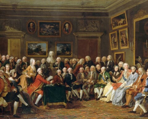Salon van Marie-Thérèse Geoffrin. In de achttiende eeuw ontmoetten filosofen, economen en andere denkers elkaar in dergelijke Parijse salons om ideeën uit te wisselen over politiek, samenleving en economie.