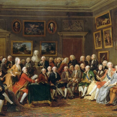 Salon van Marie-Thérèse Geoffrin. In de achttiende eeuw ontmoetten filosofen, economen en andere denkers elkaar in dergelijke Parijse salons om ideeën uit te wisselen over politiek, samenleving en economie.