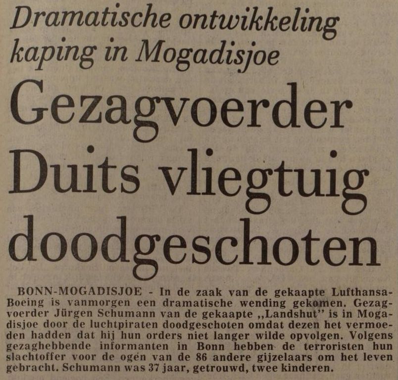 Krantenbericht over de dood van Jürgen Schumann - Leeuwarder courant, 17 oktober 1977