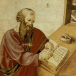 Aristoteles aan zijn schrijftafel, afgebeeld in een vijftiende-eeuws handschrift