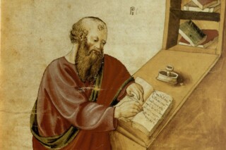 Aristoteles aan zijn schrijftafel, afgebeeld in een vijftiende-eeuws handschrift