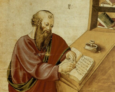 Aristoteles aan zijn schrijftafel, afgebeeld in een vijftiende-eeuws handschrift