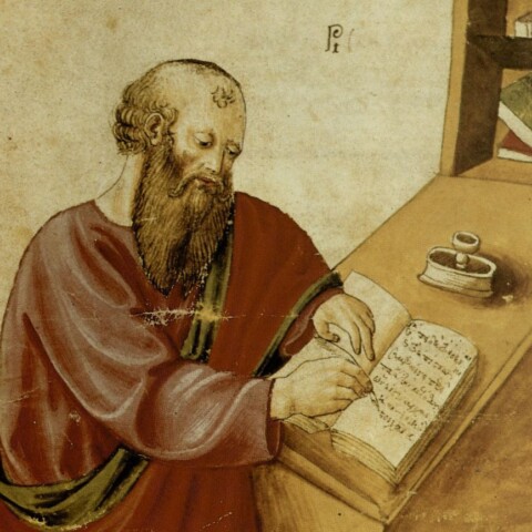 Aristoteles aan zijn schrijftafel, afgebeeld in een vijftiende-eeuws handschrift
