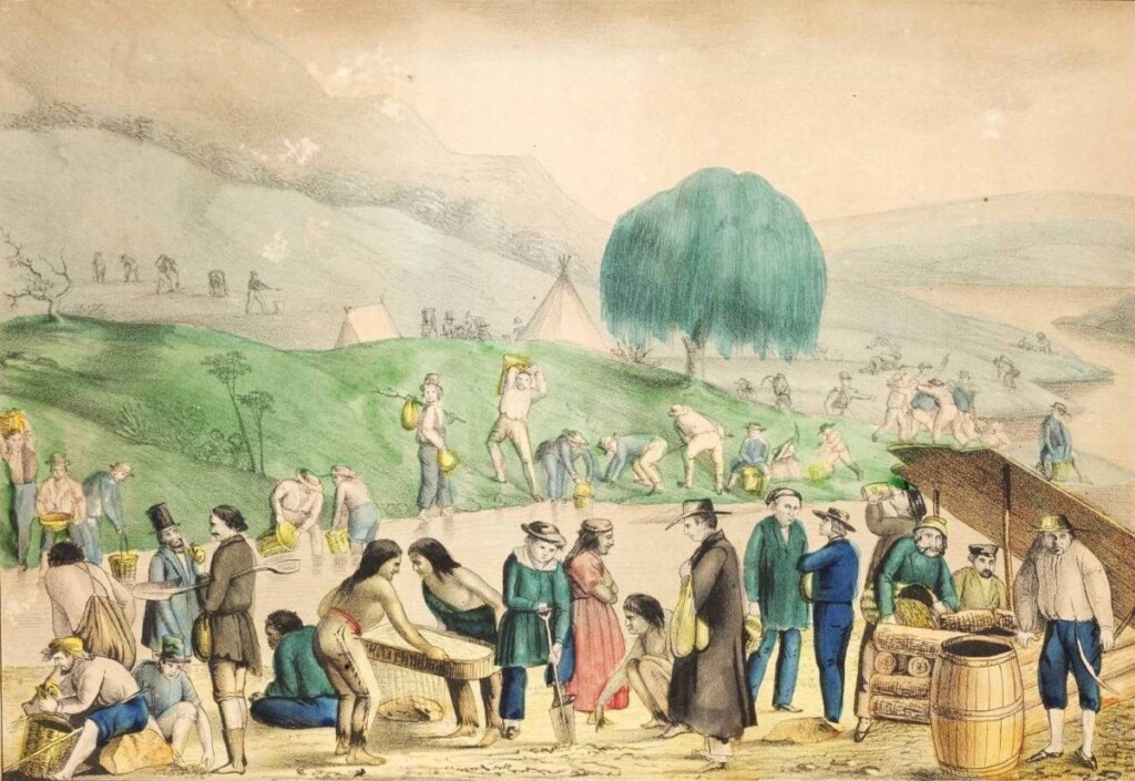 Goudzoekers aan het werk op de westoever van de Sacramento