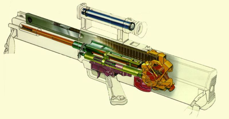 Opengewerkt model van de Heckler & Koch G11 ACR, waarop het interne mechanisme zichtbaar is.