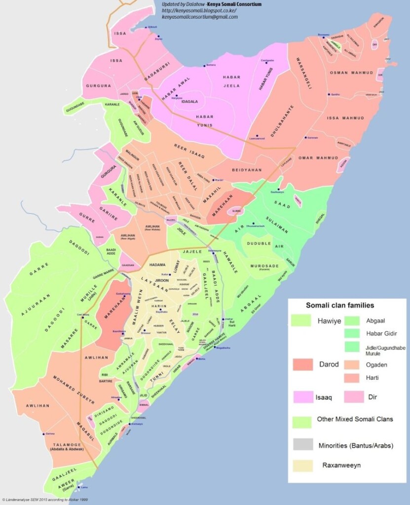 Verspreiding van de belangrijkste Somalische clans over Somalië, Somaliland, Djibouti, Ethiopië en Kenia. 