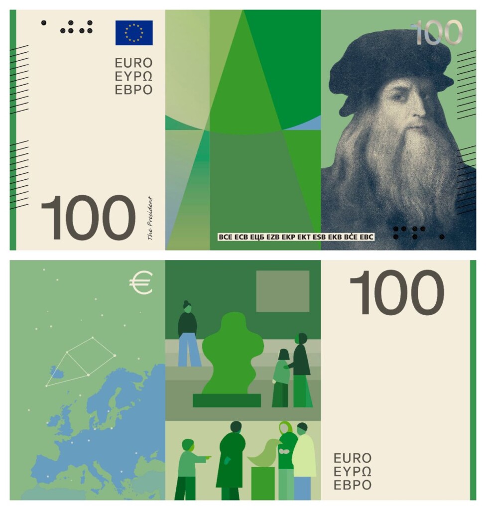ontwerp 100 euro biljet met Leonardo da Vinci