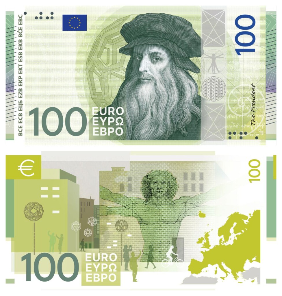ontwerp 100 euro biljet met Leonardo da Vinci