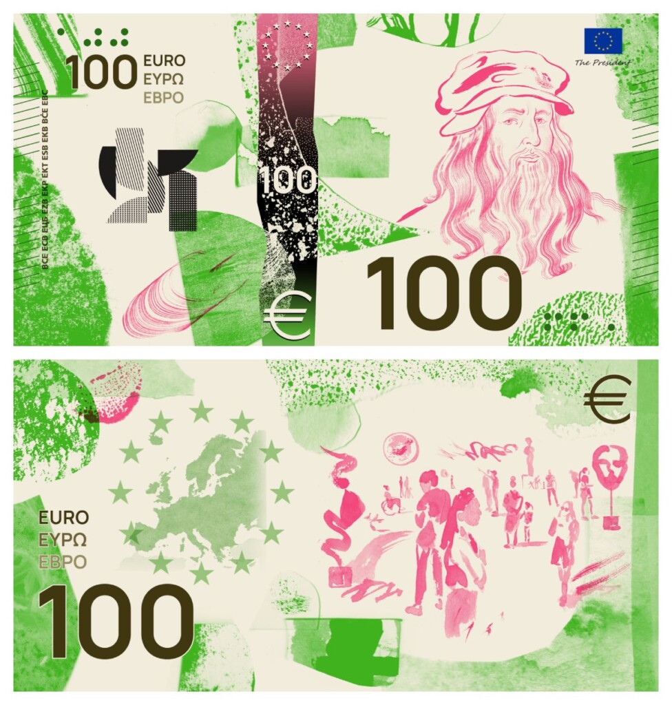 ontwerp 100 euro biljet met Leonardo da Vinci