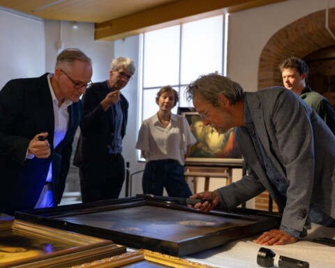 Experts nemen tijdens een bijeenkomst in Museum De Waag werken van Han van Meegeren grondig onder de loep.