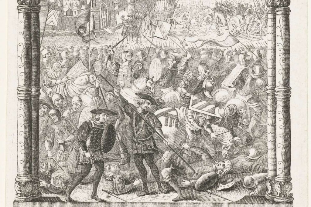 Miniatuur van de dood van Karel de Stoute in de slag bij Nancy, 1477